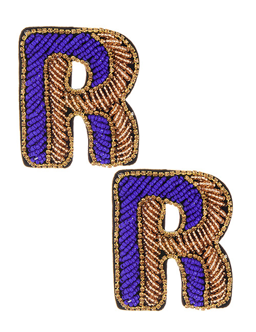 Fashion Coffee+sapphire Blue Full Beads Design Letter R Shape Earrings