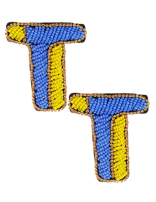 Fashion Blue+yellow Full Beads Design Letter T Shape Earrings