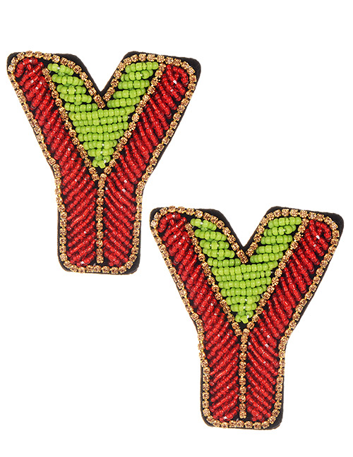 Fashion Green+red Full Beads Design Letter Y Shape Earrings