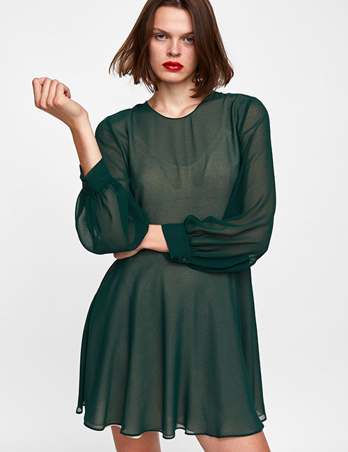 Fashion Green Pure Color Design Round Neckline Dress