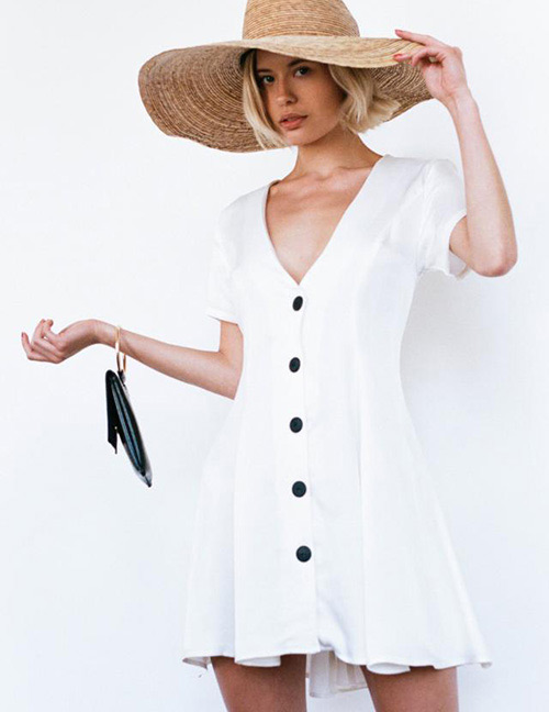 Fashion White V Neckline Design Pure Color Mini Dress