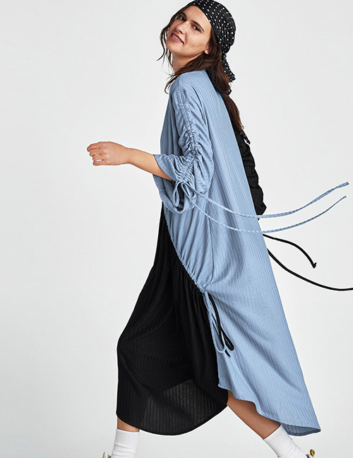 Fashion Blue+black Color Matching Design Round Neckline Dress