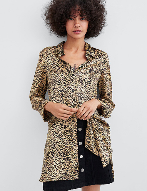 Fashion Light Brown+black Leopard Pattern Decorated Long Sleeves Shirt