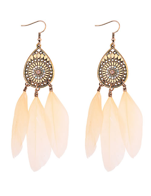 Fashion Beige Feather Decorated Hollow Out Earrings