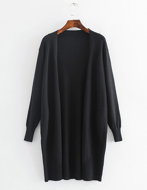 Fashion Black Long Sleeves Design Pure Color Cardigan