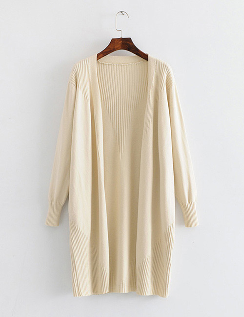 Fashion Beige Long Sleeves Design Pure Color Cardigan