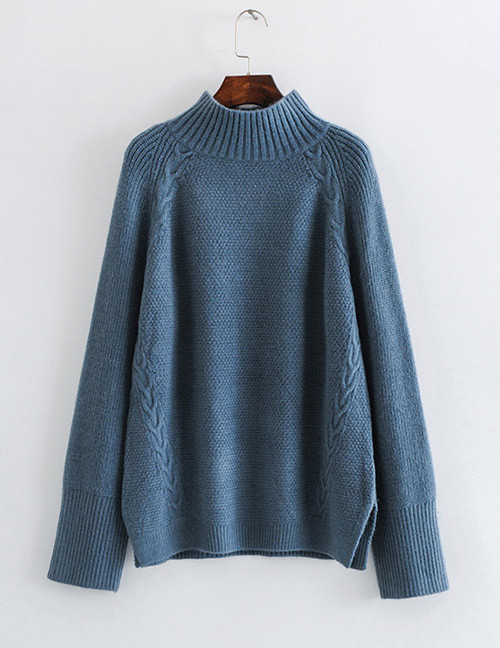 Fashion Gray+blue Pure Color Design High Neckline Sweater