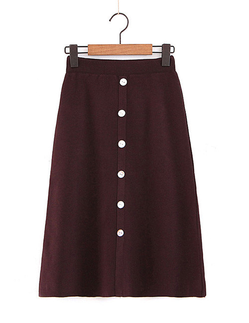 Fashion Coffee Buttons Decorated Knitted A-line Skirt