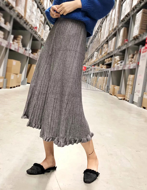 Fashion Gray Pure Color Decorated Knitted Skirt