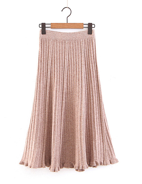 Fashion Beige Pure Color Decorated Knitted Skirt