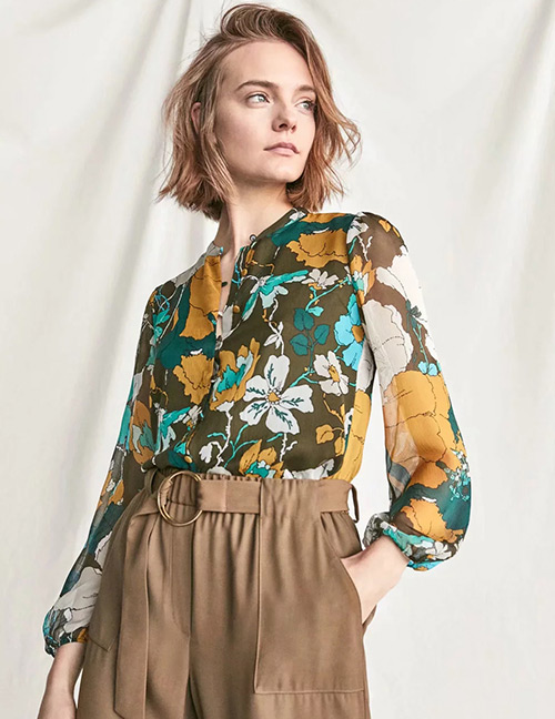Fashion Multi-color Flowers Pattern Decorated Long Sleeves Shirt