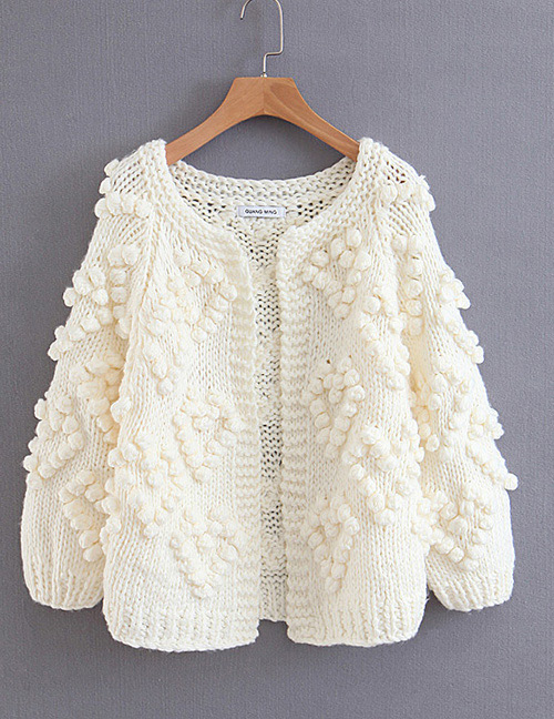 Fashion Beige Fuzzy Balls Decorated Pure Color Sweater