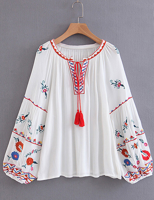 Fashion White Tassel Decorated Tying-strap Embroidered Blouse