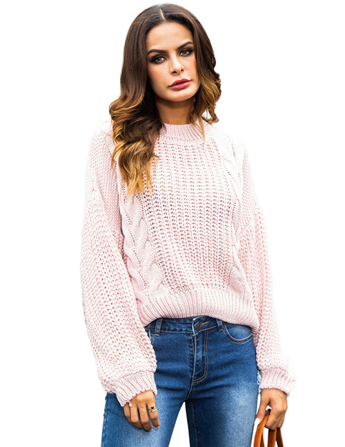 Fashion Pink Round Neckline Design Pure Color Sweater