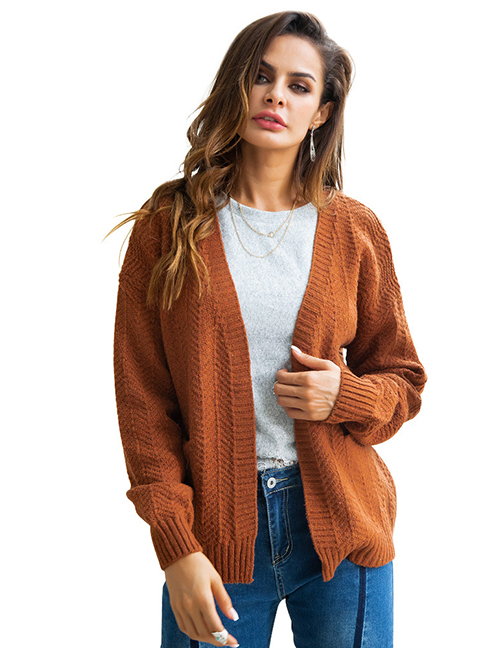 Fashion Brown Pure Color Design Loose Knitted Cardigan