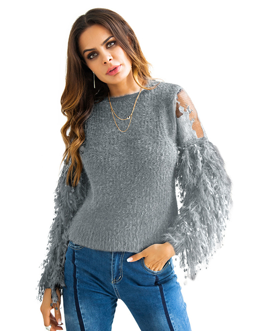 Fashion Gray Embroidered Flowers Design Tassel Sweater