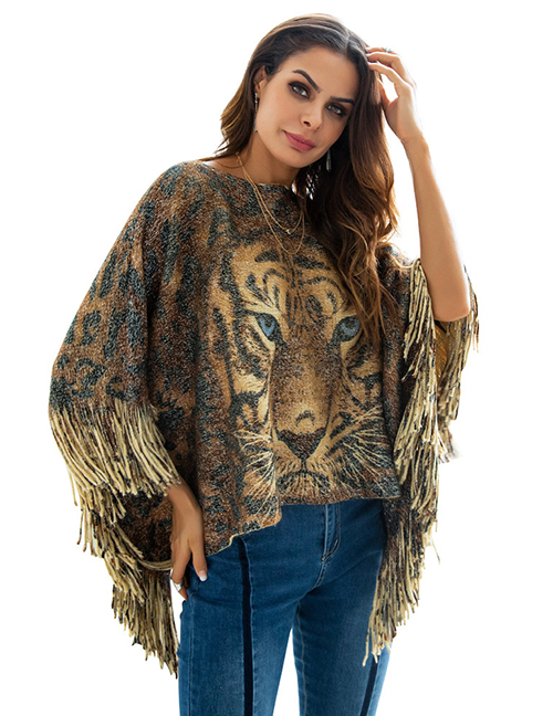 Fashion Brown Tiger Pattern Decorated Knitted Sweater