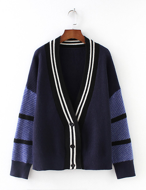 Fashion Navy V Neckline Design Long Sleeves Sweater