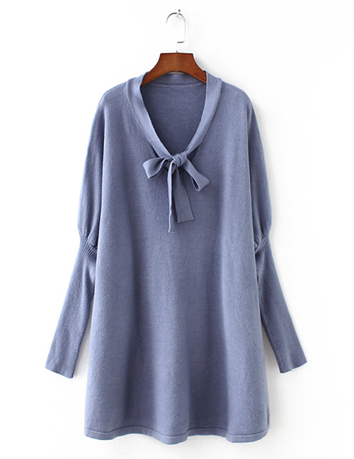 Fashion Blue Puff Sleeves Design V Neckline Loose Dress