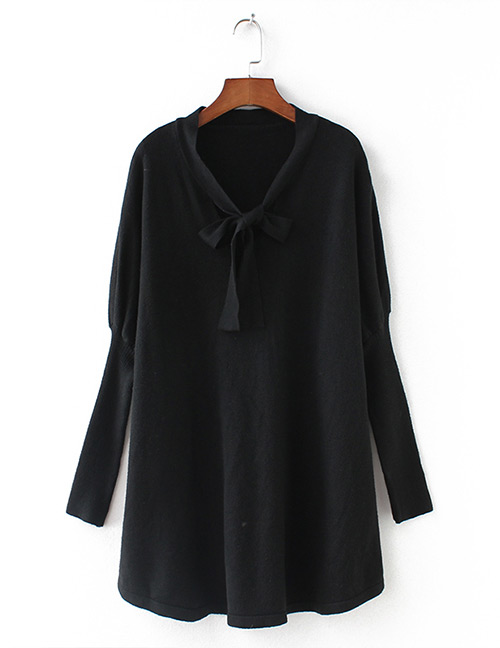 Fashion Black Puff Sleeves Design V Neckline Loose Dress
