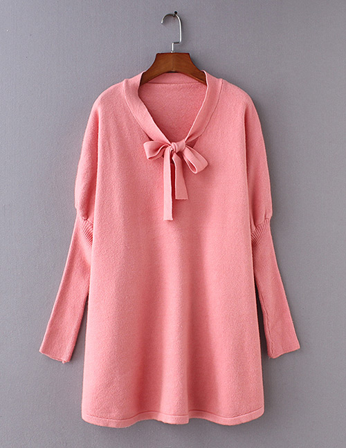 Fashion Pink Puff Sleeves Design V Neckline Loose Dress