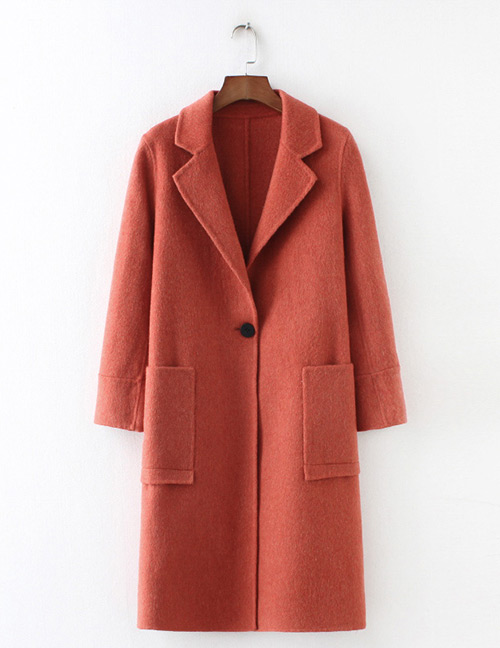 Fashion Watermelon Red Pure Color Design Long Sleeves Overcoat
