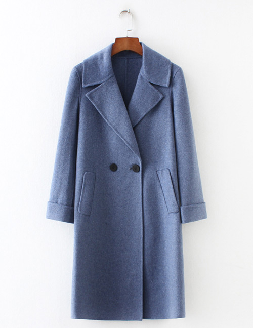 Fashion Blue Buttons Decorated Pure Color Long Overcoat