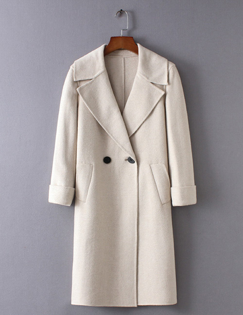 Fashion Beige Buttons Decorated Pure Color Long Overcoat