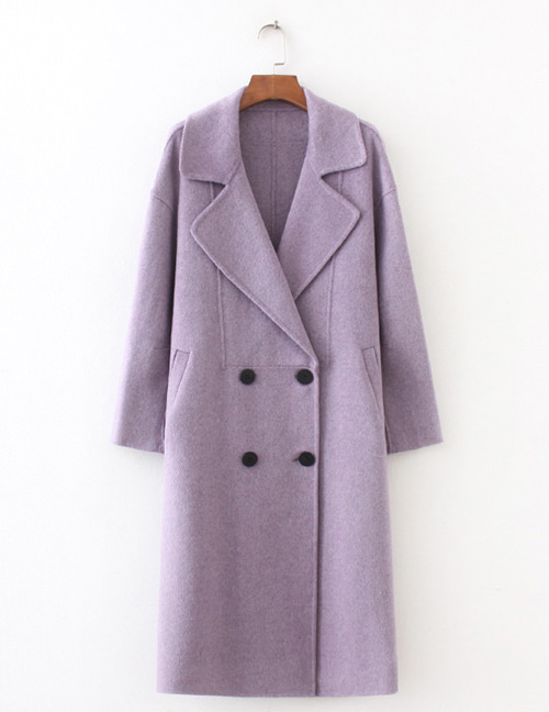 Fashion Purple Pure Color Decorated Long Overcoat