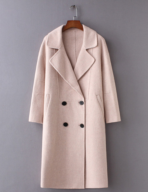 Fashion Light Pink Pure Color Decorated Long Overcoat