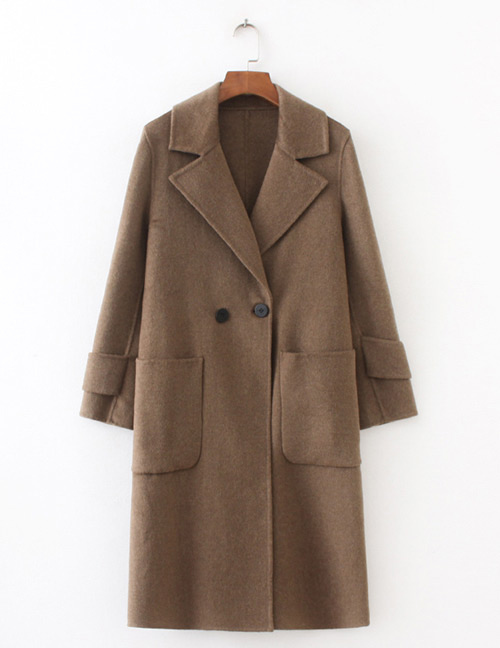 Fashion Brown Long Sleeves Design Pure Color Overcoat
