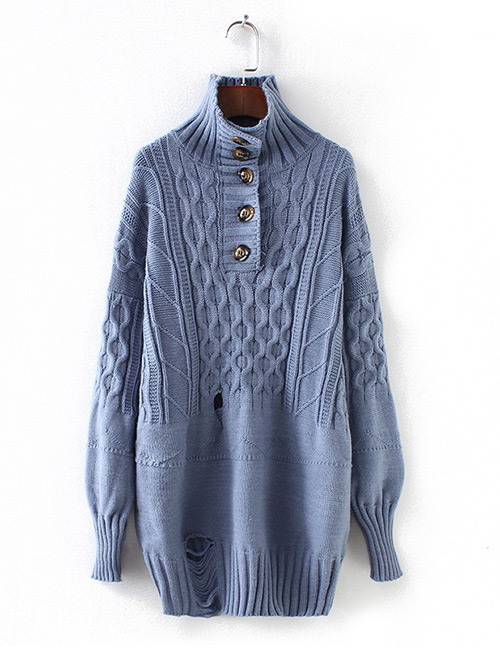 Fashion Blue High Neckline Design Pure Color Sweater