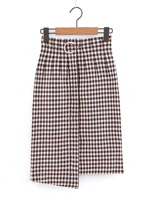 Elegant Coffee Grid Pattern Design Knitted Skirt