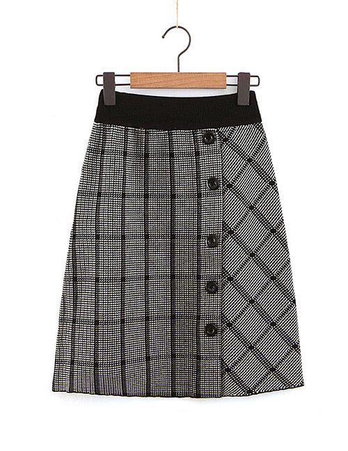 Elegant Black Buttons Decorated Grid Pattern Design Skirt