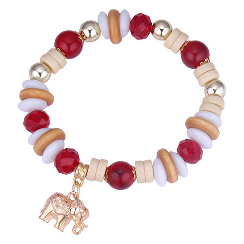 Vintage Red Elephant Pendant Decorated Beads Bracelet