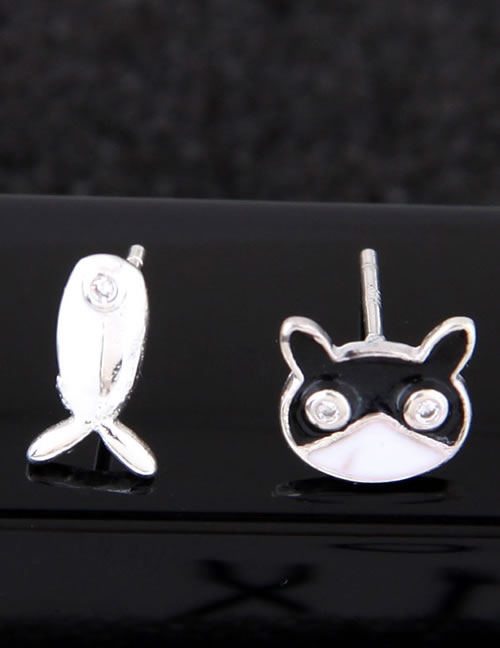 Fashion Silver Color+black Cat&fish Shape Decorated Earrings
