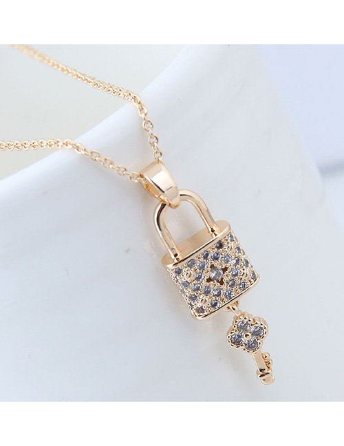 Elegant Gold Color Lock Pendant Decorated Long Necklace