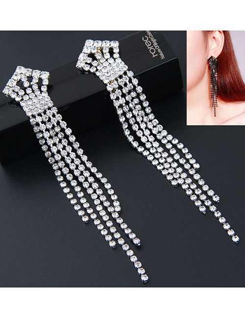 Elegant White Full Diamond Design Tassel Earrings