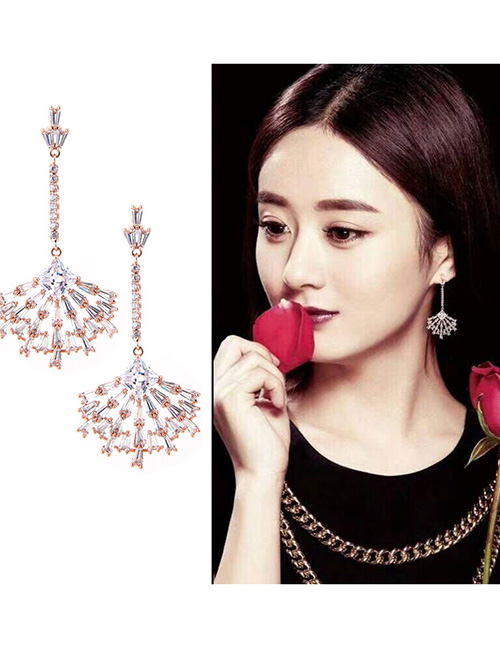 Fashion Rose Gold Full Diamond Design Sector Shape Earrings