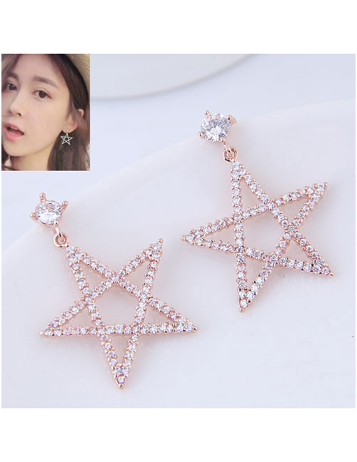 Fashion Rose Gold Full Diamond Decorated Star Shape Earrings