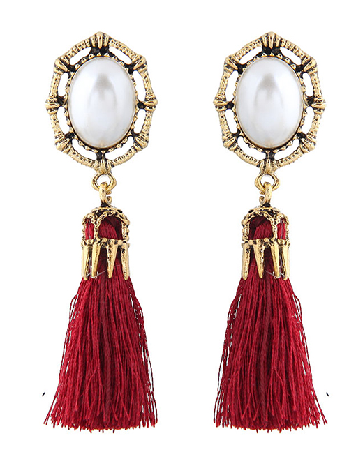 Fashion Red Oval Shape Decorated Tassel Earrings