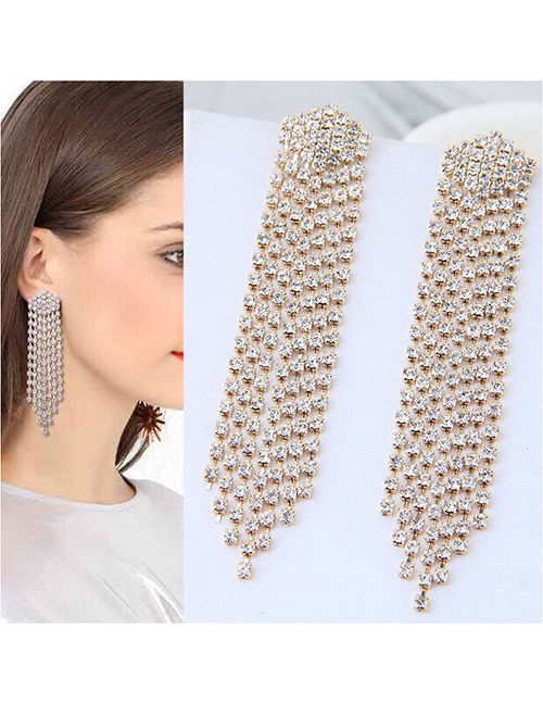 Fashion White Full Diamond Design Long Tassel Earrings