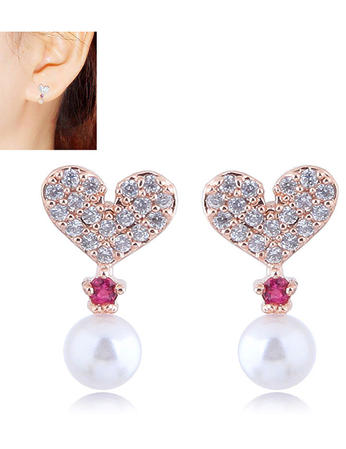 Sweet Gold Color Pearls Decorated Heart Shape Earrings
