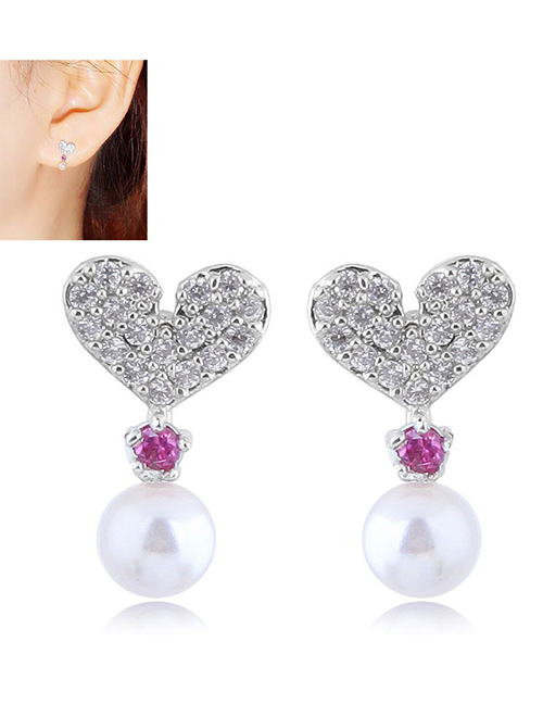 Sweet Silver Color Pearls Decorated Heart Shape Earrings