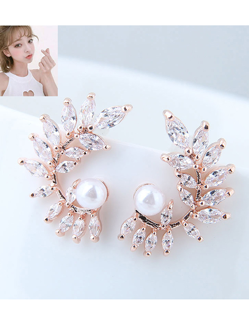 Sweet Rose Gold Full Diamond Design Leaf Shape Earrings