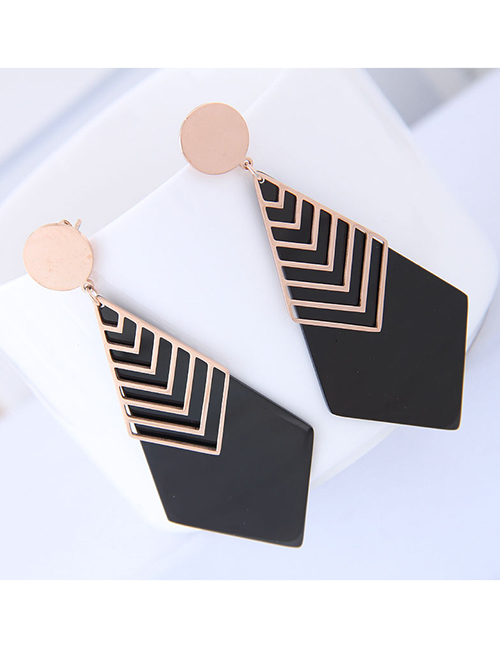 Elegant Rose Gold+black Rhombus Shape Design Long Earrings