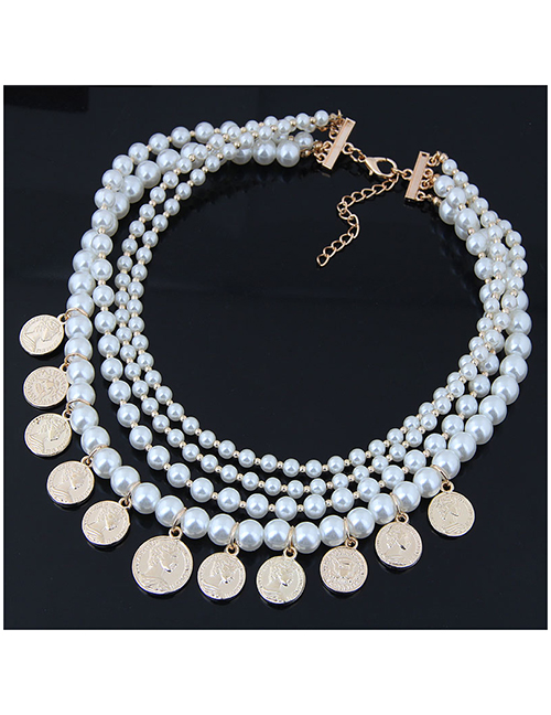 Fashion White+gold Color Multi-layer Design Full Pearl Necklace