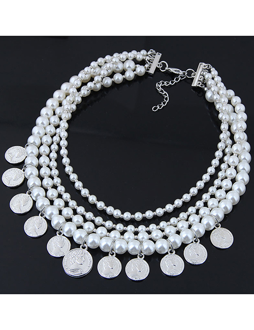 Fashion White+silver Color Multi-layer Design Full Pearl Necklace