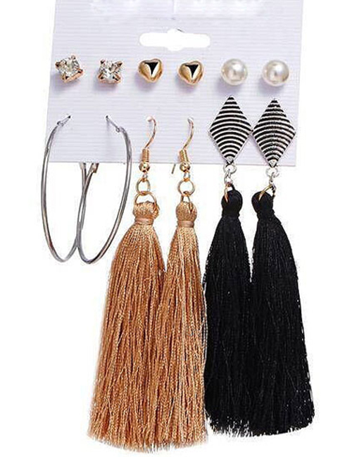 Fashion Gold Color+black Tassel Decorated Earrings (12 Pcs )