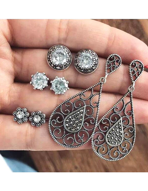 Fashion Silver Color Diamond Decorated Earrings (12 Pcs )